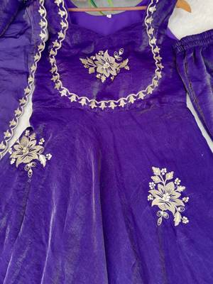 Women's Gorgeous Embroidery Work Fendy Silk Satin Fabric Flared Anarkali Palazzo and Dupatta Set 4
