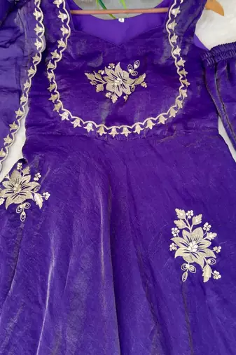 Women's Gorgeous Embroidery Work Fendy Silk Satin Fabric Flared Anarkali Palazzo and Dupatta Set
