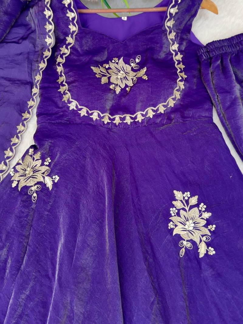 Women's Gorgeous Embroidery Work Fendy Silk Satin Fabric Flared Anarkali Palazzo and Dupatta Set