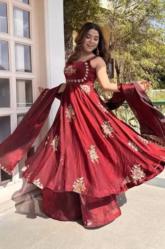 Women's Gorgeous Embroidery Work Fendy Silk Satin Flared Anarkali Palazzo and Dupatta Set