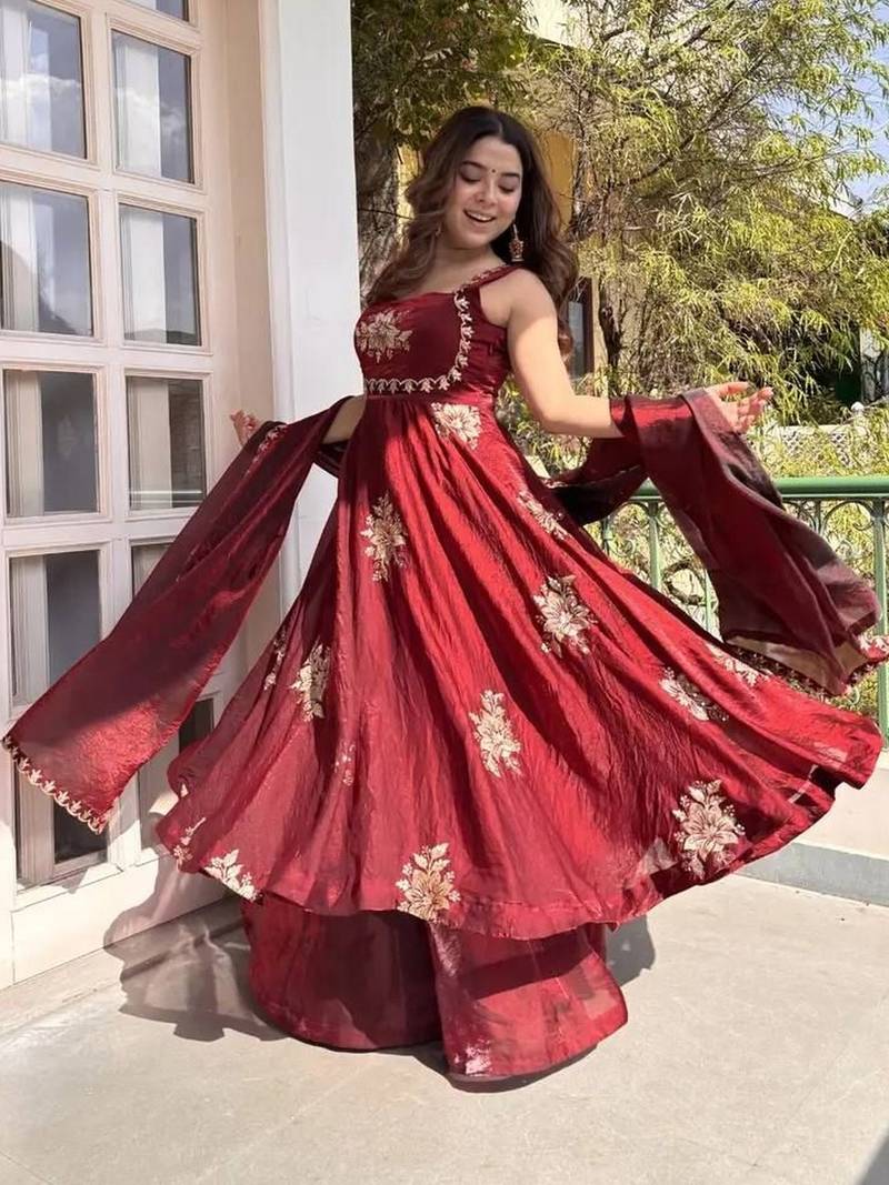 Women's Gorgeous Embroidery Work Fendy Silk Satin Fabric Flared Anarkali Palazzo and Dupatta Set