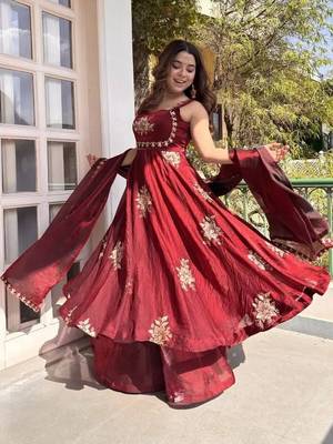 Women's Gorgeous Embroidery Work Fendy Silk Satin Fabric Flared Anarkali Palazzo and Dupatta Set 1