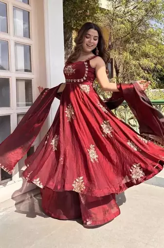 Women's Gorgeous Embroidery Work Fendy Silk Satin Fabric Flared Anarkali Palazzo and Dupatta Set