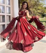 Women's Gorgeous Embroidery Work Fendy Silk Satin Fabric Flared Anarkali Palazzo and Dupatta Set