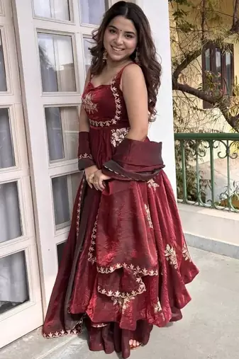 Women's Gorgeous Embroidery Work Fendy Silk Satin Fabric Flared Anarkali Palazzo and Dupatta Set