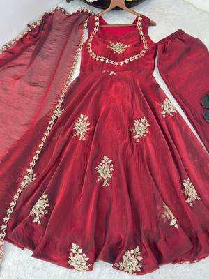 Women's Gorgeous Embroidery Work Fendy Silk Satin Fabric Flared Anarkali Palazzo and Dupatta Set 5