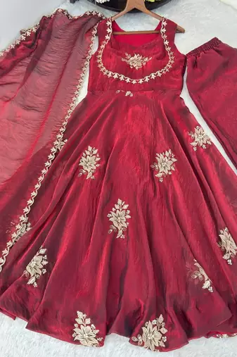 Women's Gorgeous Embroidery Work Fendy Silk Satin Fabric Flared Anarkali Palazzo and Dupatta Set