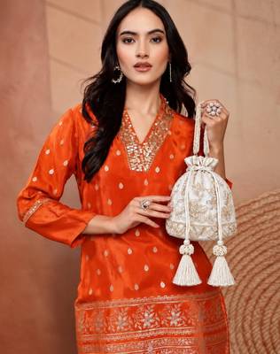 jashn edit off white & gold floral embellished faux silk potli 1
