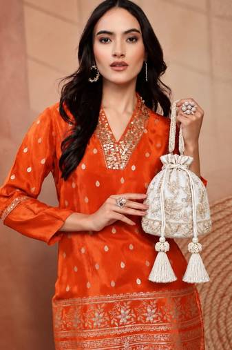 jashn edit off white & gold floral embellished faux silk potli