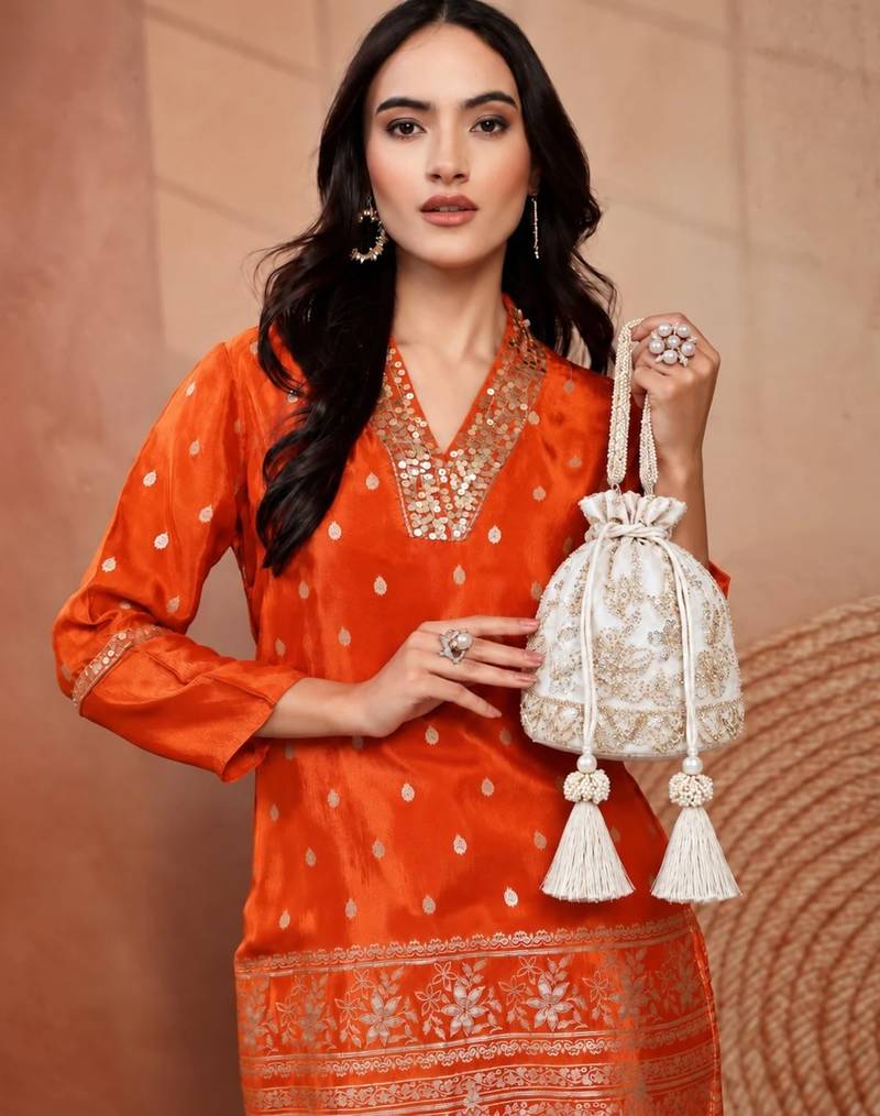 jashn edit off white & gold floral embellished faux silk potli
