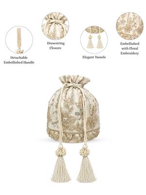 jashn edit off white & gold floral embellished faux silk potli 2