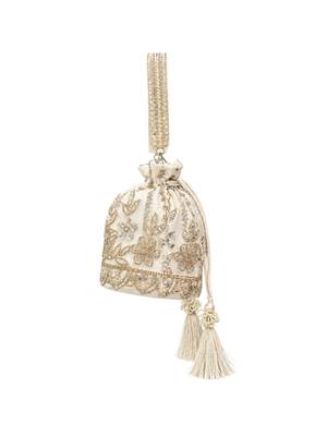 jashn edit off white & gold floral embellished faux silk potli 4