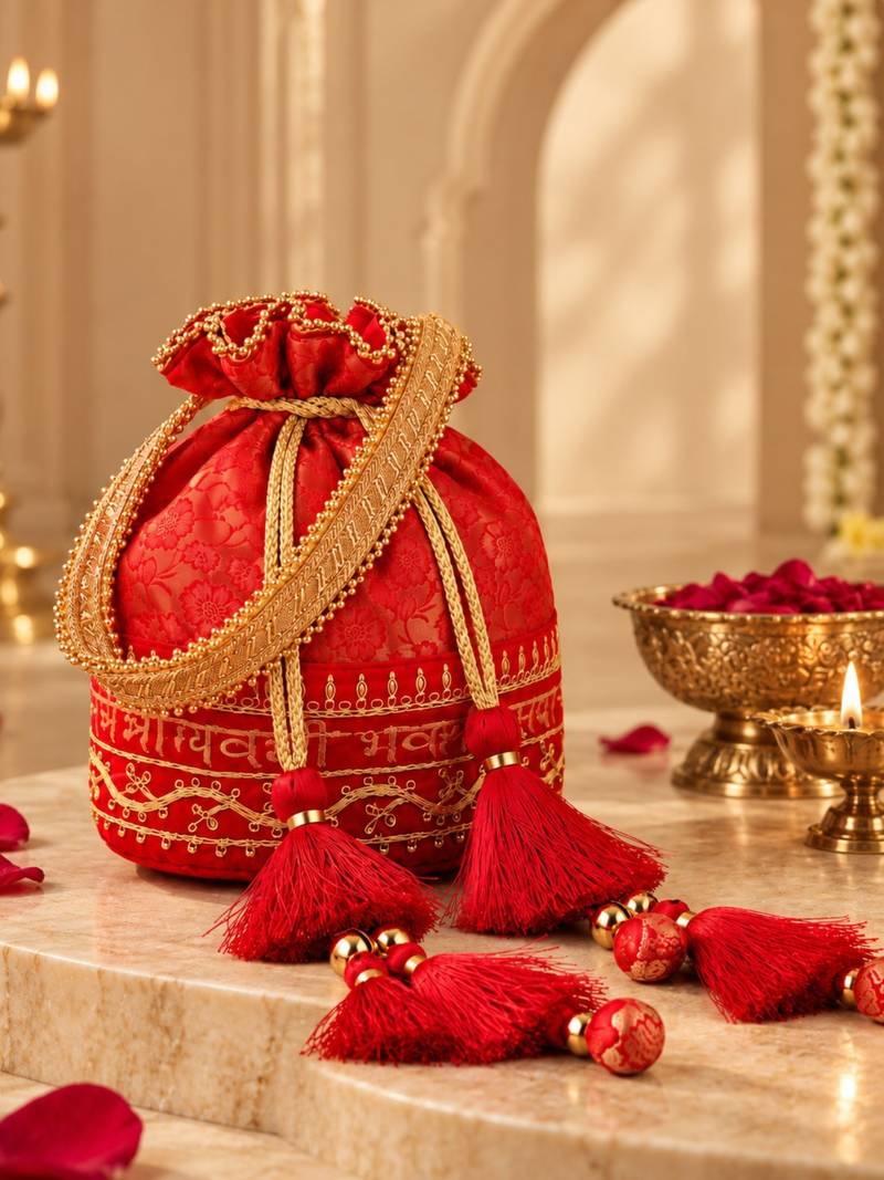 jashn edit red & gold floral embroidered brocade potli