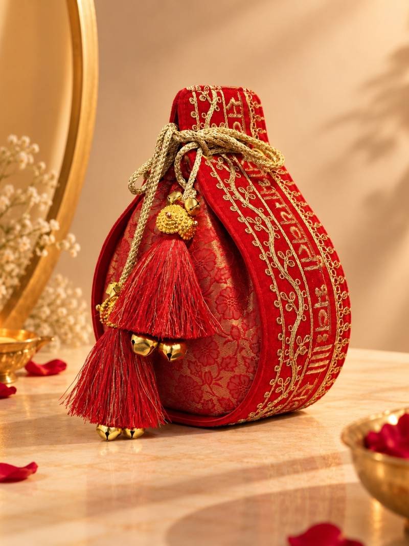 jashn edit red & gold floral embroidered brocade potli