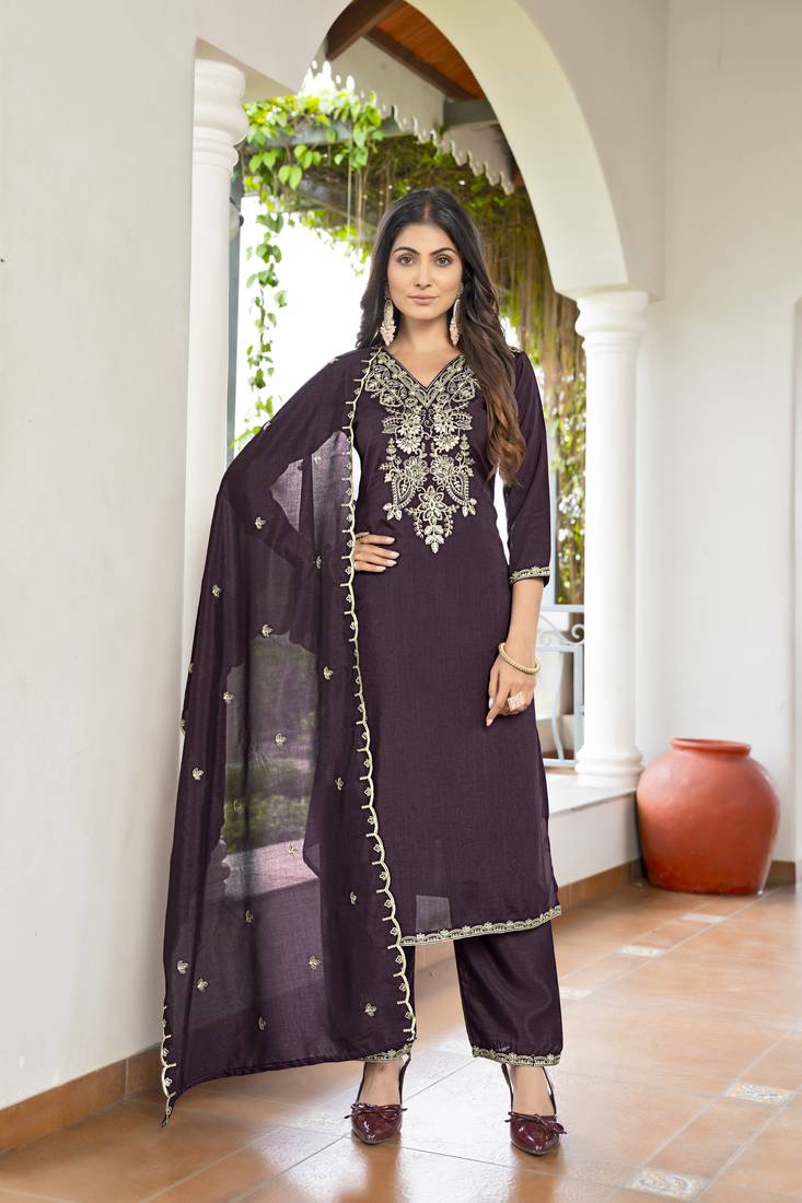 Women's Gorgeous Vichitra Fabric Embroidery Work Straight Kurta Pant and Dupatta Set
