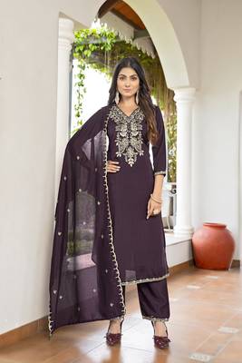 Women's Gorgeous Vichitra Fabric Embroidery Work Straight Kurta Pant and Dupatta Set 1
