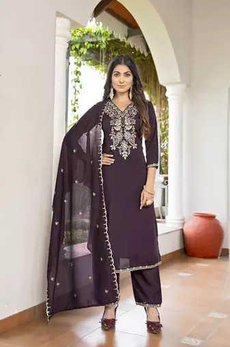 Women's Gorgeous Vichitra Fabric Embroidery Work Straight Kurta Pant and Dupatta Set