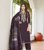 Women's Gorgeous Vichitra Fabric Embroidery Work Straight Kurta Pant and Dupatta Set