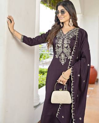 Women's Gorgeous Vichitra Fabric Embroidery Work Straight Kurta Pant and Dupatta Set 2