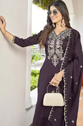 Women's Gorgeous Vichitra Fabric Embroidery Work Straight Kurta Pant and Dupatta Set