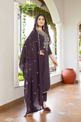 Women's Gorgeous Vichitra Fabric Embroidery Work Straight Kurta Pant and Dupatta Set 3
