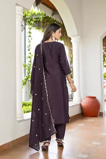 Women's Gorgeous Vichitra Fabric Embroidery Work Straight Kurta Pant and Dupatta Set