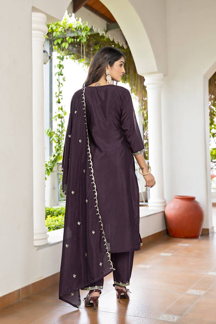 Women's Gorgeous Vichitra Fabric Embroidery Work Straight Kurta Pant and Dupatta Set