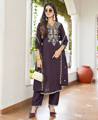 Women's Gorgeous Vichitra Fabric Embroidery Work Straight Kurta Pant and Dupatta Set 5