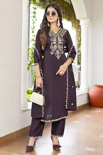 Women's Gorgeous Vichitra Fabric Embroidery Work Straight Kurta Pant and Dupatta Set