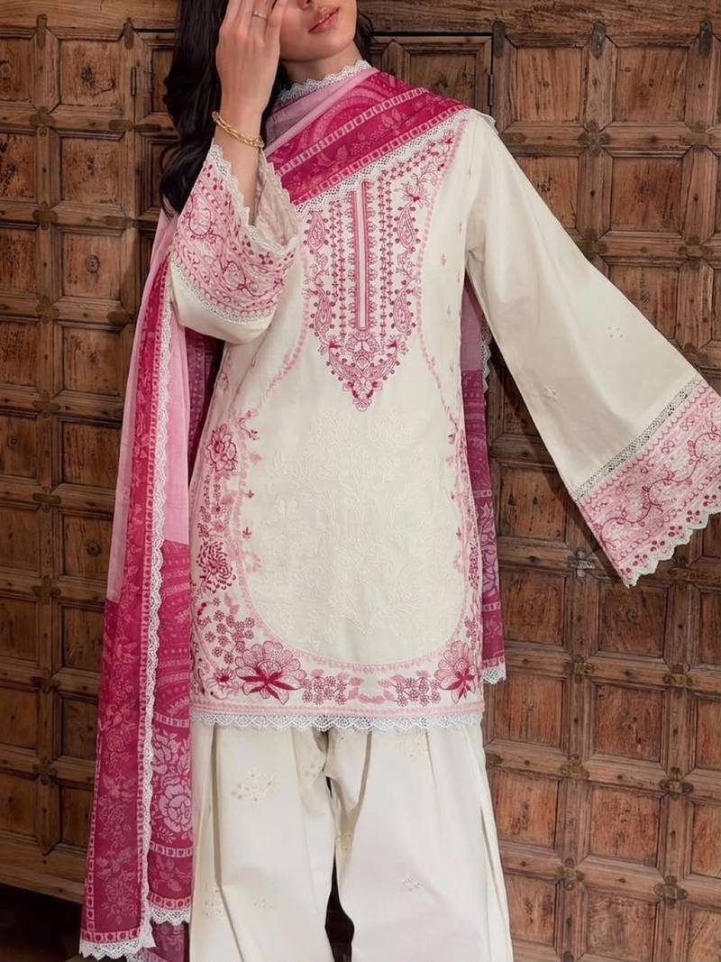 White&blue rayon readymade suit with embroidery & lace border work