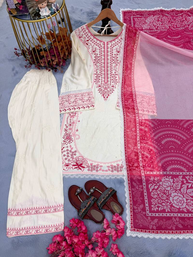 White&blue rayon readymade suit with embroidery & lace border work