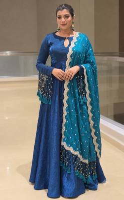 R blue silk blend readymade anarkali suit with embroidery & sequence work 1