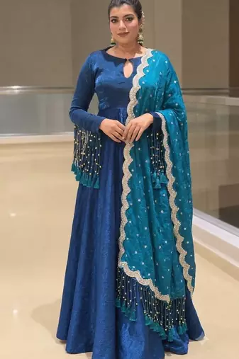 R blue silk blend readymade anarkali suit with embroidery & sequence work