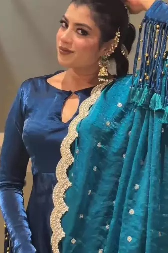 R blue silk blend readymade anarkali suit with embroidery & sequence work