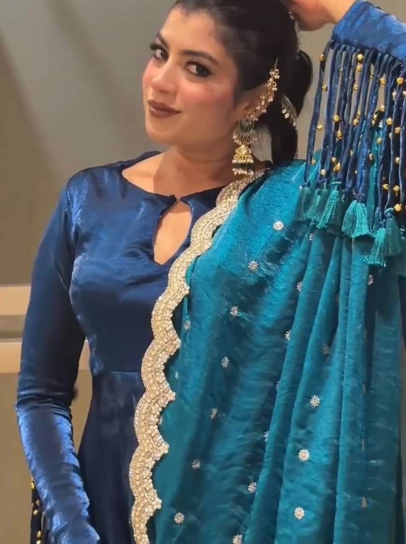 R blue silk blend readymade anarkali suit with embroidery & sequence work