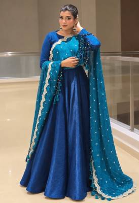 R blue silk blend readymade anarkali suit with embroidery & sequence work 3