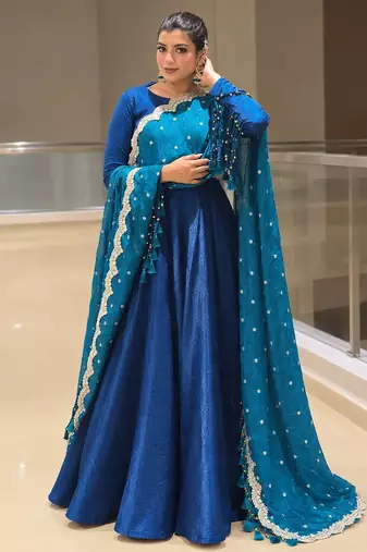 R blue silk blend readymade anarkali suit with embroidery & sequence work