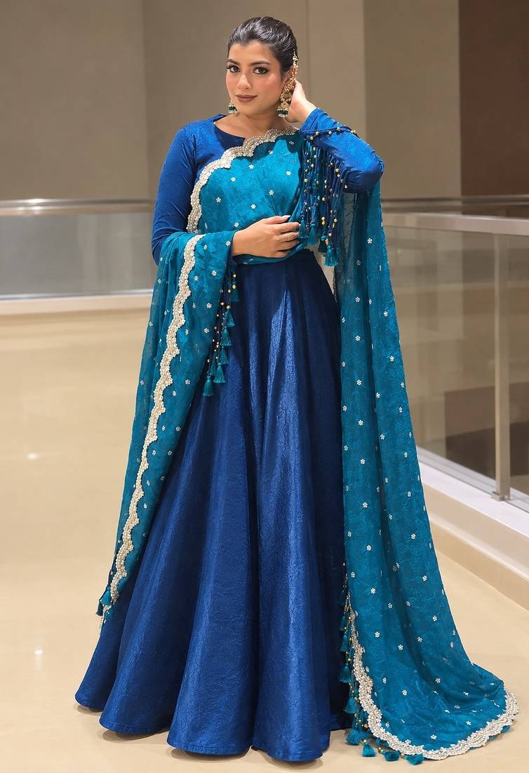 R blue silk blend readymade anarkali suit with embroidery & sequence work