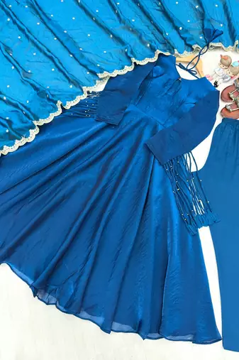R blue silk blend readymade anarkali suit with embroidery & sequence work