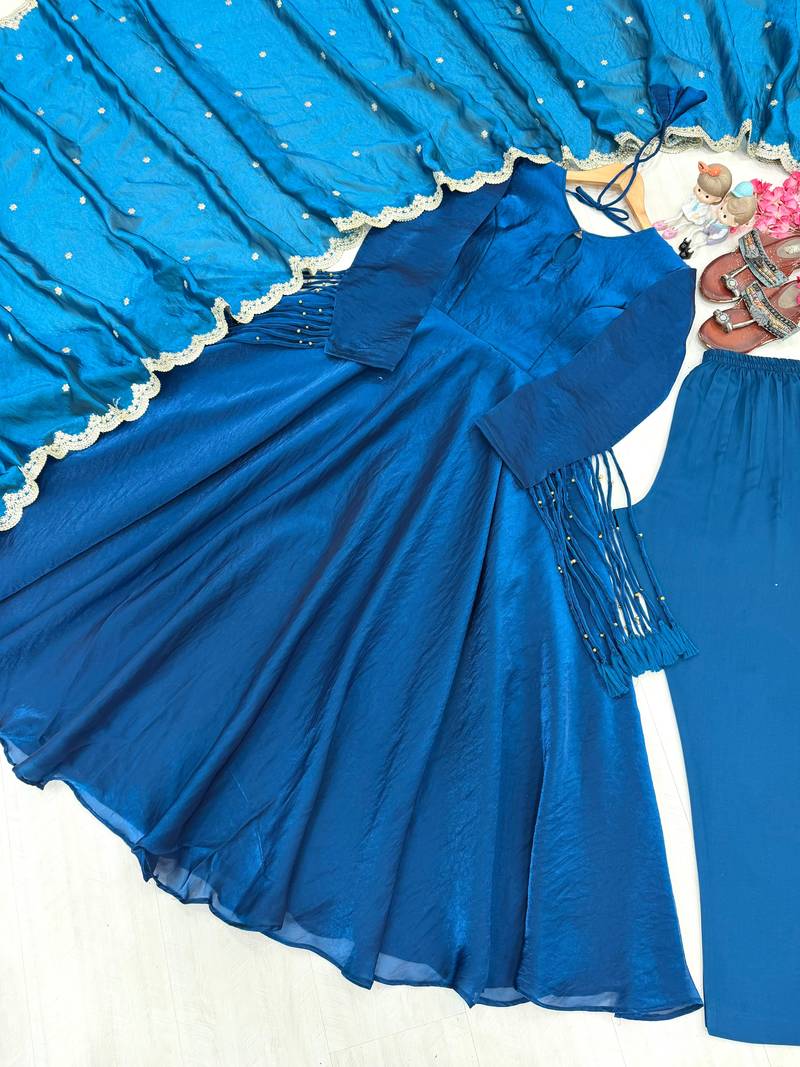 R blue silk blend readymade anarkali suit with embroidery & sequence work