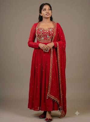 Pink silk blend readymade anarkali suit with embroidery & sequence work 1