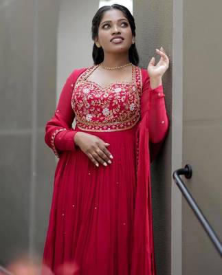 Pink silk blend readymade anarkali suit with embroidery & sequence work 2