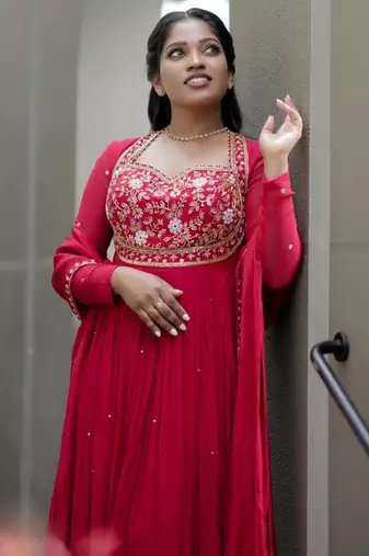 Pink silk blend readymade anarkali suit with embroidery & sequence work