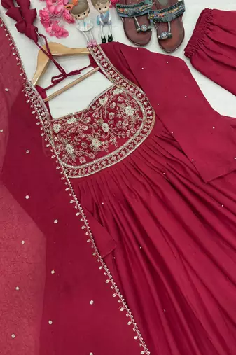 Pink silk blend readymade anarkali suit with embroidery & sequence work