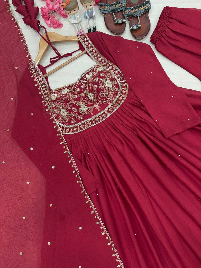 Pink silk blend readymade anarkali suit with embroidery & sequence work