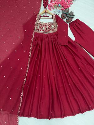 Pink silk blend readymade anarkali suit with embroidery & sequence work 4