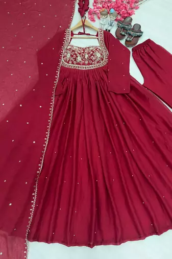 Pink silk blend readymade anarkali suit with embroidery & sequence work