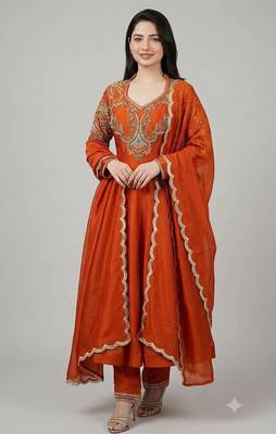 Rust roman readymade anarkali suit with embroidery & lace border work 1