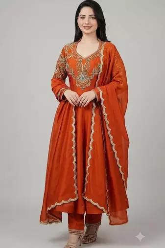 Rust roman readymade anarkali suit with embroidery & lace border work