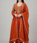 Rust roman readymade anarkali suit with embroidery & lace border work